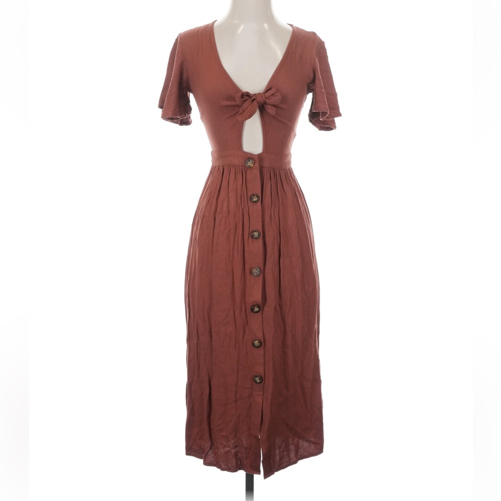 Mimi Chica tie front button down Midi dress with flutter sleeves in terracotta